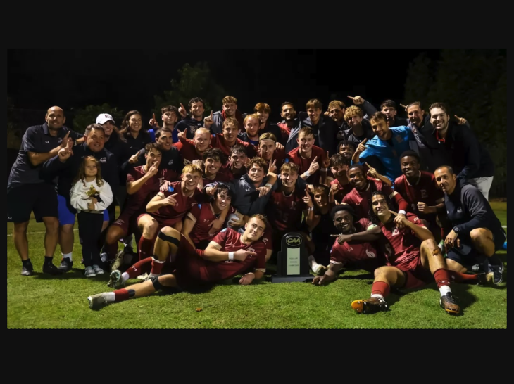 The Elon men's soccer team after winning a match against Campbell  University to take the CAA regular season title.